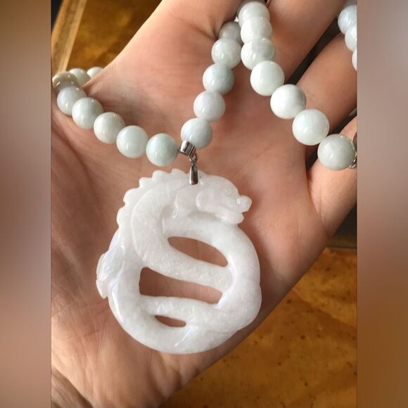 Natural Jade Sterling Silver Dragon Necklace - Picture 10 of 10